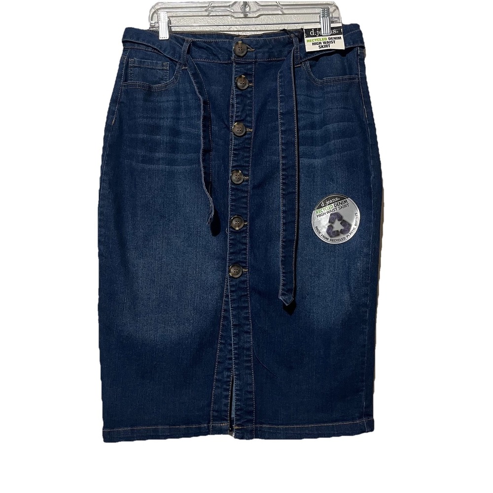 D.Jeans Demin Pencil Blue Belted Button Front High Waist‎ Medi Skirt Size 14